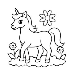 cute unicorn coloring page in a flowery meadow