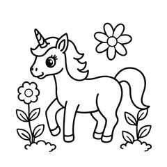 cute unicorn coloring page in a flowery meadow