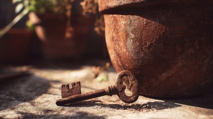 Sunlit rustic potted plants with an antique key resting beside, evoking a timeless garden mystery in a serene setting.