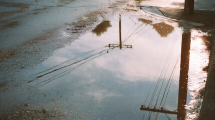 A sunlit reflection of a power line creates an abstract scene in a puddle, merging urban elements with nature's artistry.