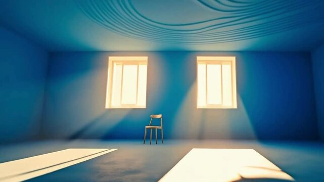 Abstract Blue Room with Sunlight and Geometric Shadows