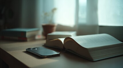 A desk with an open book, phone, and potted plant bathed in soft morning light, creating a serene study scene.
