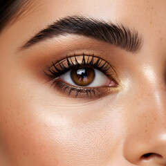 Fototapeta premium A close-up of a glamorous eye with metallic bronze eyeshadow, long dark lashes, and perfectly sculpted eyebrows