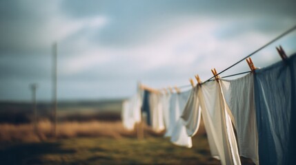 Clothes sway gently on a line against a vast sky, capturing the quiet beauty of daily life amid open fields.