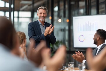 Business meeting celebration with a presenter receiving applause in a modern office setting