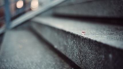 A lone pink diamond rests on a series of gray concrete steps in an urban environment, evoking feelings of solitude and forgotten treasures.