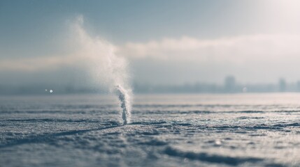 A lonely plume of snow lifts gently from a deserted, snowy plain under a pale blue sky, embodying the solitude and vastness of winter's realm.