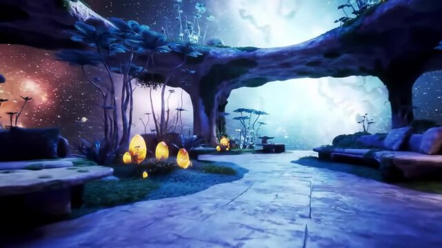 Mystical alien landscape with glowing flora, strange trees, and starry skies. Ideal for sci-fi visuals or fantasy game environments. A journey into an imagined universe. 4k 60 fps.