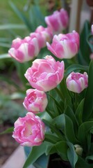 Fototapeta premium Pink Tulips Blooming in a Garden on a Sunny Spring Day.
