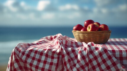 A fruit basket teeming with red apples rests on a picnic cloth by the seaside, evoking joy and simplicity with vibrant colors.