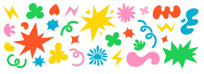 Abstract clouds and flowers shapes sticker set. Flat  illustrations. Groovy flowers, bubbles, stars