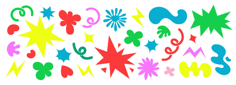Naklejki Abstract clouds and flowers shapes sticker set. Flat  illustrations. Groovy flowers, bubbles, stars