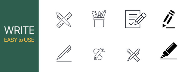 Registration thin line icon set. Containing added identity document data, receptionist, register online, sign up, create or edit or write information or form with pencil on paper. Vector illustration
