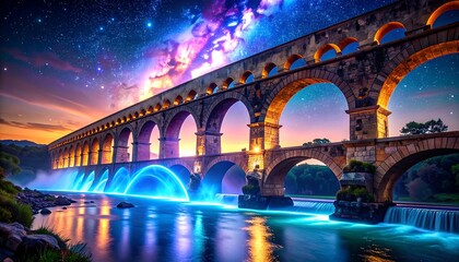 Enchanted Aqueduct A Surreal Nightscape of Arches and Celestial Wonders