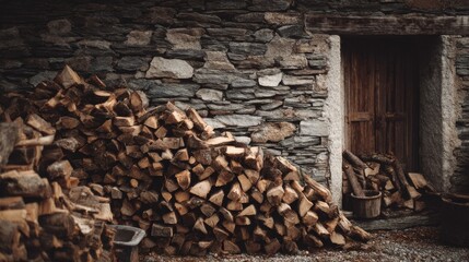 A quaint stack of firewood leans against a textured stone wall, suggesting warmth, homey comfort, and rustic simplicity.