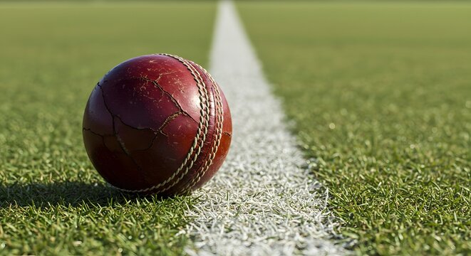 A cracked cricket ball resting on crease line - Powered by Adobe