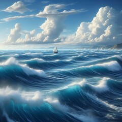 Imagine a photorealistic image of the open sea, where the vast expanse of the ocean stretches to the horizon, blending gently into the sky.