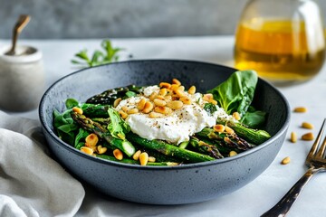 Fresh Asparagus Salad With Creamy Burrata and Toasted Pine Nuts for Healthy Dining