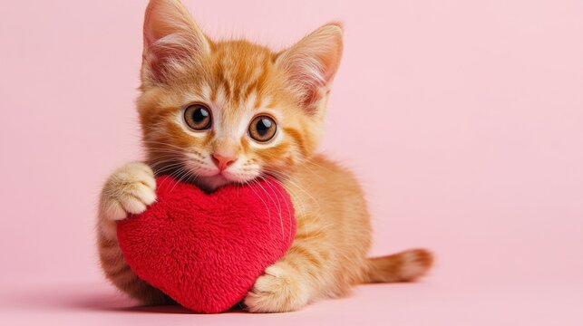 Adorable orange kitten embraces plush heart on soft pink canvas