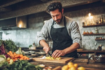 Chef preparing fresh vegetables in a rustic kitchen during daytime