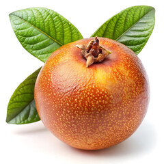 Single ripe pomegranate with green leaves isolated