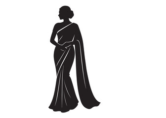 beautiful saree logo silhouette vector, fashion woman silhouette design vector, beautiful saree silhouette, beautiful animated girl with black saree silhouette logo on a white background