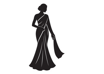 beautiful saree logo silhouette vector, fashion woman silhouette design vector, beautiful saree silhouette, beautiful animated girl with black saree silhouette logo on a white background