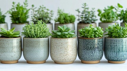 Fototapeta premium A neat row of green indoor plants and seedlings placed on a white studio surface, with additional plants softly blurred in the background. This clean and fresh botanical composition emphasizes growth