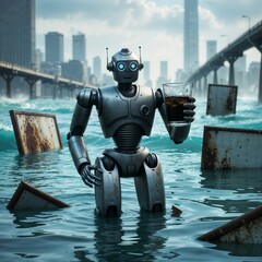 abandoned urban landscape with robot and glass jar of contaminated water for use in eco awareness projects and futuristic pollution scenes