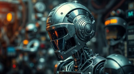 metallic robot with rich oil painting textures and blurred bokeh background for art prints
