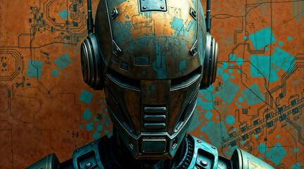 robot with antique bronze texture and patina finish in warm terracotta and cool teal for digital art