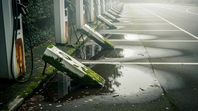Abandoned parking lot with overgrown ivy and reflections in rain puddles