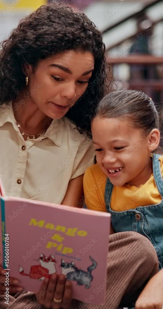 Aufkleber smile, teacher and child with book in library for knowledge, fantasy story and language development.
