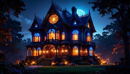 Enchanted Gothic Mansion at Night A Digital Painting