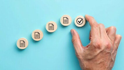 Fototapeta premium Quality control and certification process concept. A hand places wooden block with checkmark icon in step-by-step symbolizing process of document review, checklist, approval, and quality certificate.