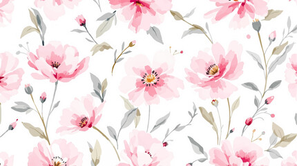Seamless pattern watercolor background pattern pink pions flowers on white background