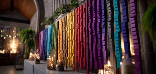 Obraz premium Vibrant vision wall featuring colorful strips of paper in various shades, creating visually stimulating atmosphere. setting is enhanced by soft candlelight, adding warmth and sense of tranquility
