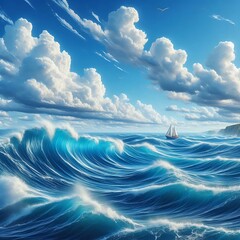 View a photorealistic image of the open sea, captured in a moment of pure natural drama. The scene is dominated by a vast ocean that stretches without limits, where massive waves rise and break.