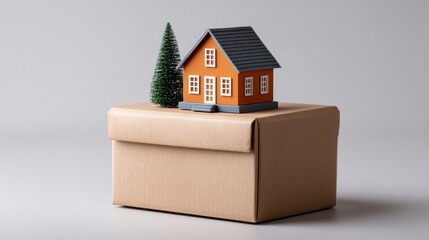 New Home Relocation Box - A miniature house model sits atop a cardboard box, symbolizing new beginnings, moving, homeownership, relocation, and fresh starts