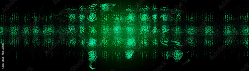 Poster digital artwork of world map created with green binary code, symbolizing technology and data. design