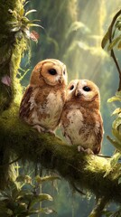 Two Owls Perched on a Mossy Branch in a Sunlit Forest Setting