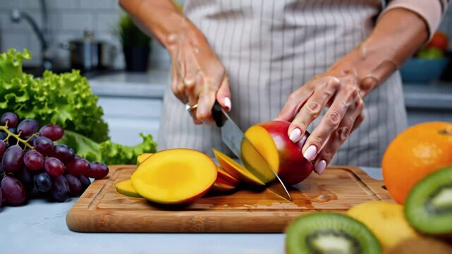 female hands cutting ripe  mango with knife on table in kitchen