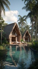 Cozy Hillside Cabins Surrounded by Lush Greenery Near a Tranquil Pond