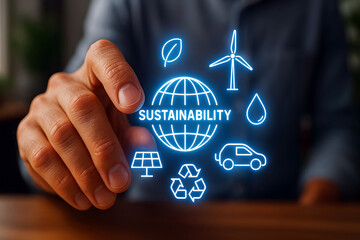 Hand touching a hologram of Sustainability. Eco-friendly lifestyle.