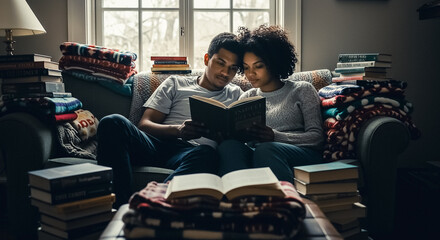 young couple reading a book 