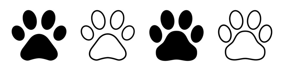 Vector illustration of black and outlined paw prints in a row on white background. Perfect for pet logos, animal graphics, veterinary icons, or wildlife themed designs.
