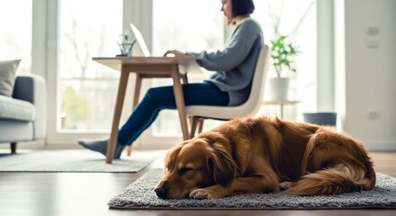 woman in home office and dog sleeping