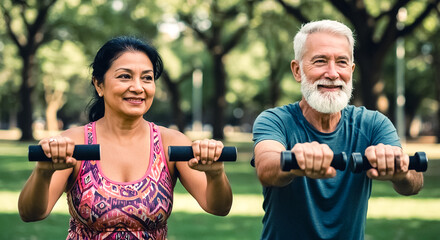 senior couple exercising with dumbbells