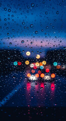 water drops on the glass with city lights in the background