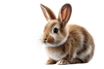 Brown rabbit sitting quietly with ears perked up on clear background